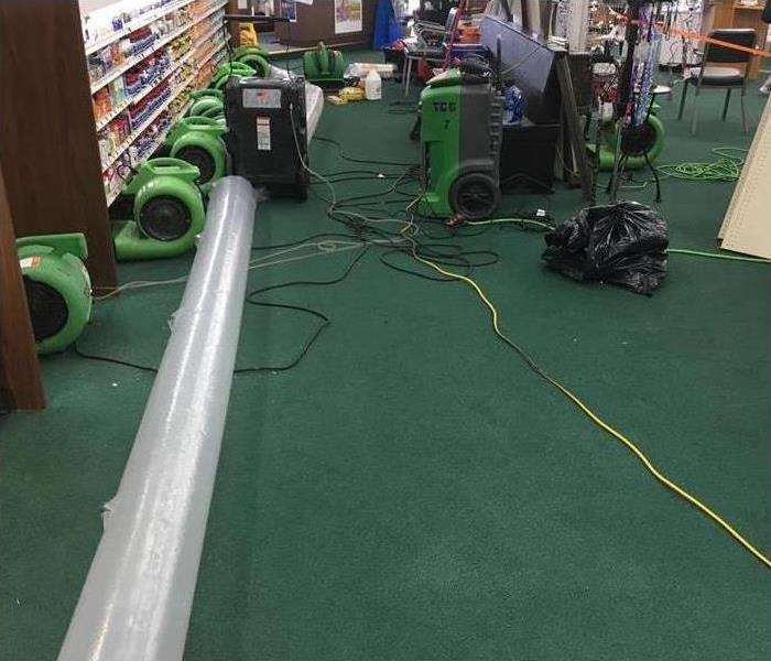 Photo shows SERVPRO air movers on green carpet